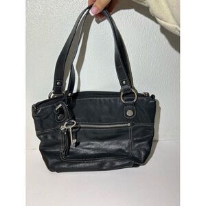 Fossil Black Leather Shoulder Bag Purse Classic Zip Top Handbag